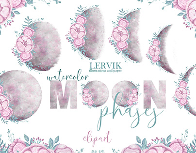 Watercolor moon phase clipart. Flowers moon
