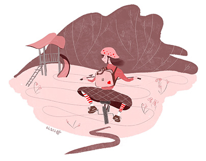 Розовая велосипедистка Pink cyclist and her backpack