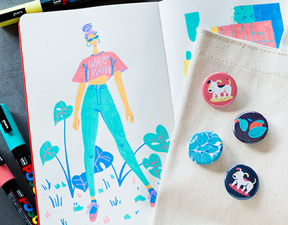 Illustrated Buttons of Cute Dog and Plant