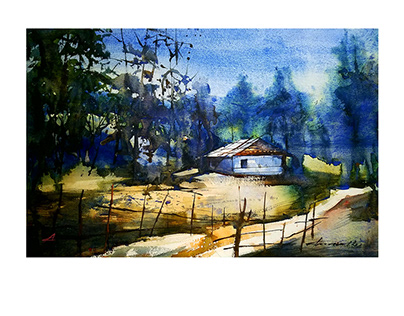 Hillside watercolor landscape