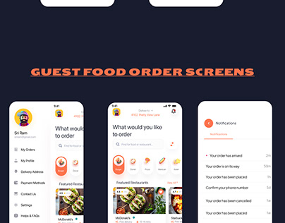 Hotel booking screens and GUEST FOOD ORDER CHEF SCREENS