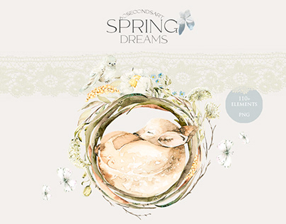 Spring dreames. Watercolor sleeping baby animals