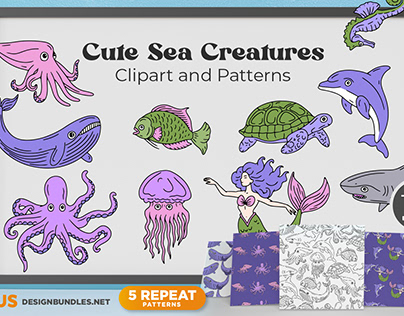 Cute Sea Creatures Clipart and Patterns