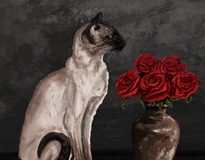 Siamese Cat With Vase of Roses