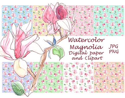 Watercolor magnolia Digital paper and clipart