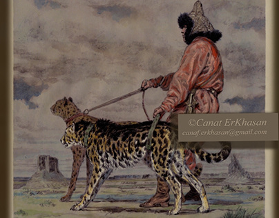 Turkic hunting with royal cheetahs. Watercolor.