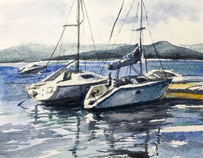 yachts on lake  Turgoyak // watercolor