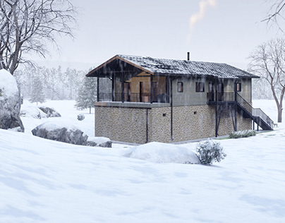 3D Private house with ancient stone walls at the base