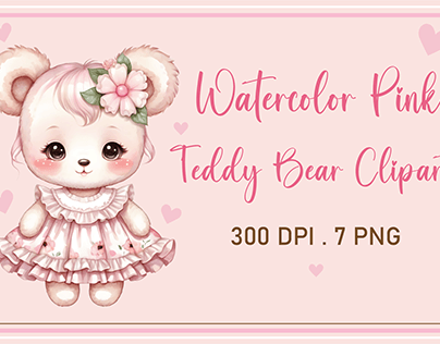Cute Watercolor Pink Teddy Bear Clipart