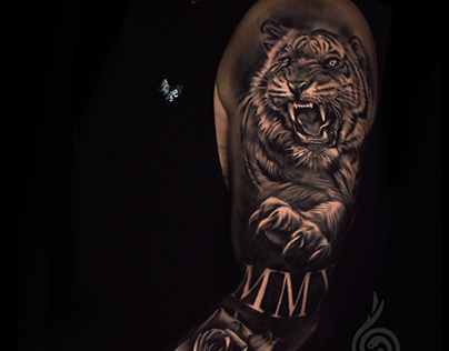 Tiger & Skull Realistic Full Sleeve Tattoo
