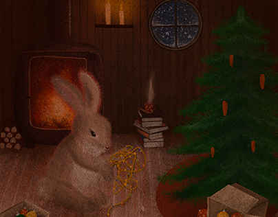 Adorable rabbit decorates a Christmas tree illustration