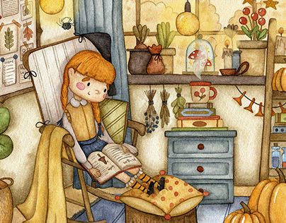 Watercolor children's book illustrations about a witch