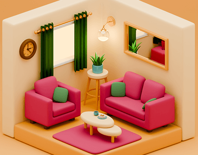 3D Isometric Low Poly Living Room