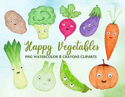 Happy Vegetables Watercolor Clipart Pack Cover