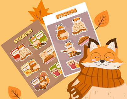 Cozy autumn stickers with foxes. Seamless Pattern