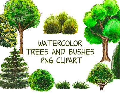 Watercolor green trees and bushes png clipart