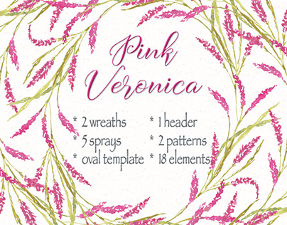 Bundle of watercolor clip art: 'Pink Veronica'