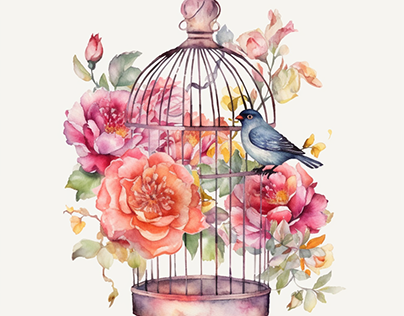 Floral Birdcage watercolor sublimation clipart