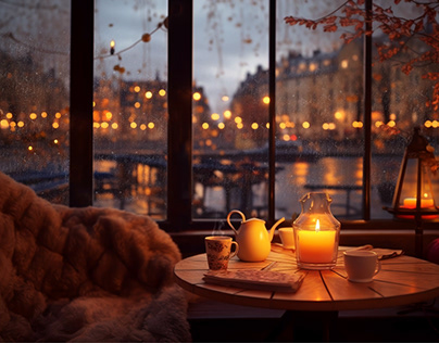 Cozy cafe with rain