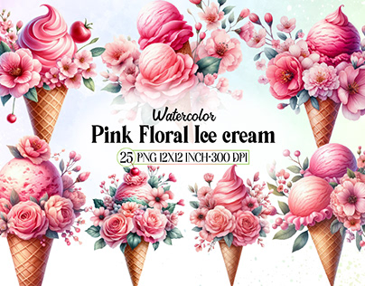 Watercolor Pink Floral Ice cream clipart