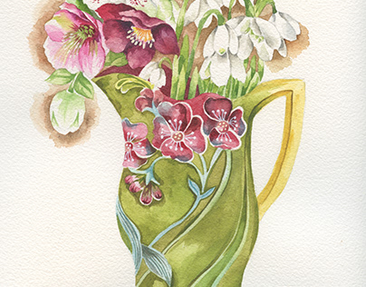 Project thumbnail - Hellebores & Snowdrops in Majolica Pitcher