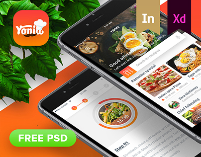 “Yonia” food recipes iOS mobile app design (FREE PSD)