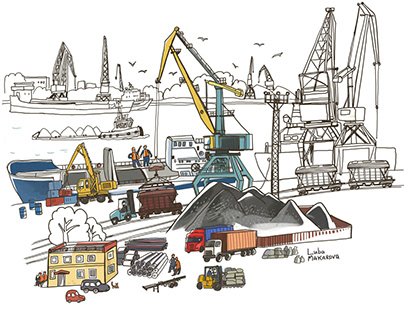 Ships and cranes in the port. Project fragment