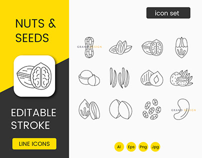 Nuts and seeds vector line icons set