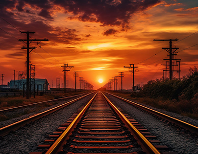 railroad landscape with beautiful sunset