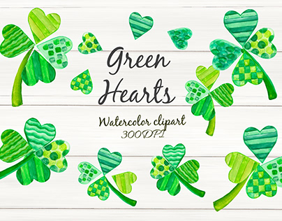 Irish Clover, watercolor clipart, green clover hearts.