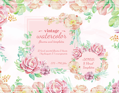 Vintage Watercolor Flowers and Templates