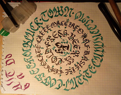 Evening mandala calligraphy. Gothic: bastard, rotunda a