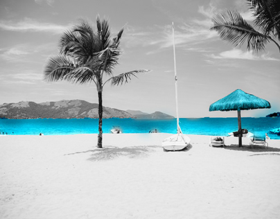 Black and white beach photos with one blue color