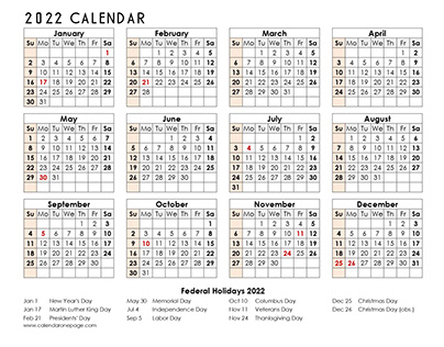 2022 calendar printable one page