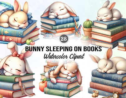 Bunny sleeping on books Watercolor Clipart