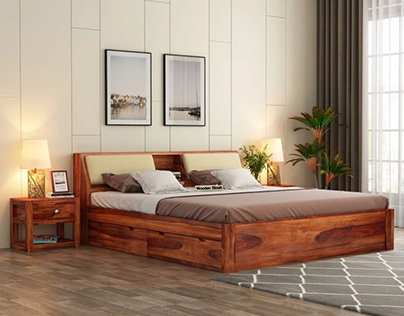 Buy Walken Sheesham Wood Bed with Full Drawer Storage