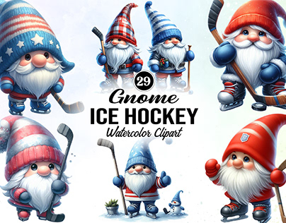 Ice Hockey Gnome Watercolor Clipart