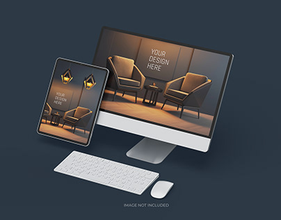 Mockups of desktop and tablet in different positions