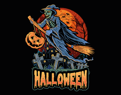 Halloween skull witch flying with broom