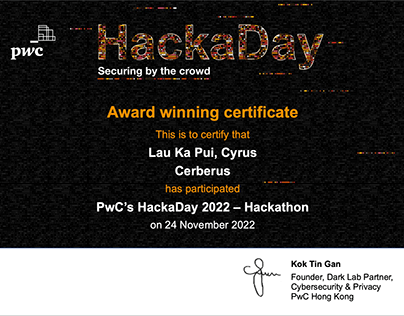 PwC's HackaDay – Hackathon – Award Winning Certificate