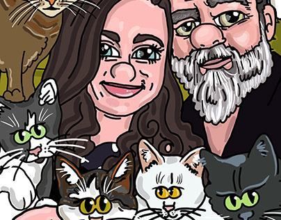Cartoon of a couple and 6 cats