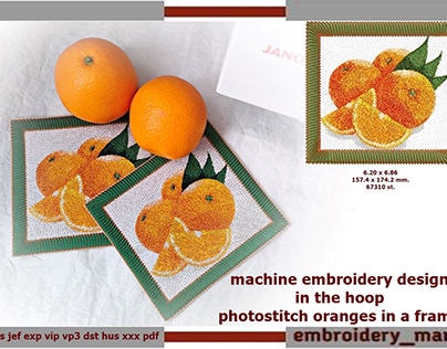 Embroidery in the hoop photostitch oranges in a frame