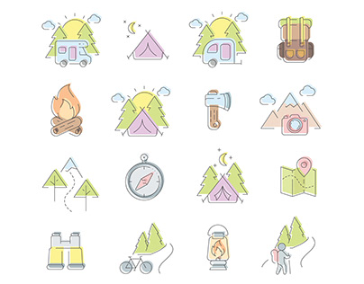 Outdoors, camping and hiking icons