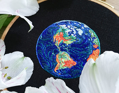 Earth, hand embroidery art