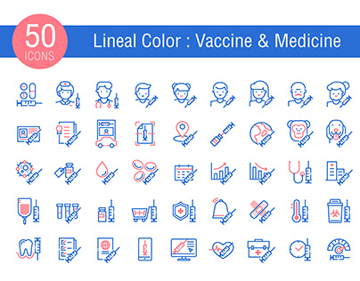 50 Icons / Lineal Color : Vaccine & Medicine