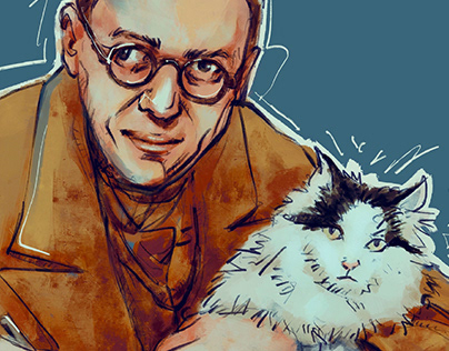 Illustration of Jean-Paul Sartre and his cat