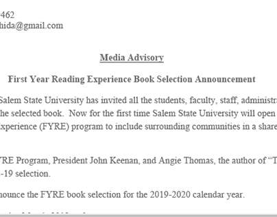 First Year Reading Experience Media Advisory