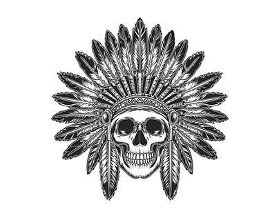 Red Indian skull with feathers hat design style