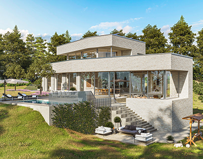 3D visualization of a modern hillside villa