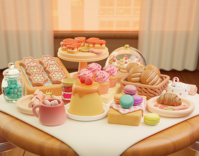 " 3d stylized table displaying delicious desserts"
